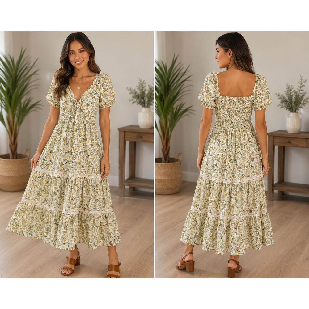 Japna Yellow Floral Cotton Tiered Maxi Dress Lace Trim Puff Sleeve Cottagecore M